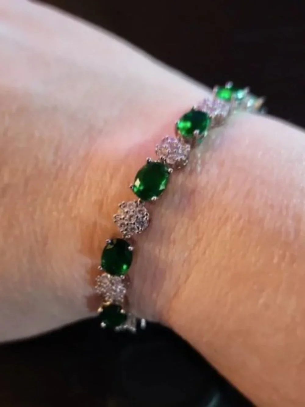 Elegant Green Stone and Crystal Silver Tennis Bracelet